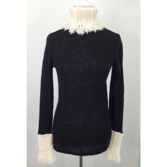 Tory Burch Navy & White Cable Knit Neck & Cuffs Turtleneck Sweater - Picture 4 of 7